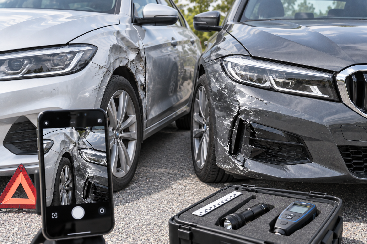 Zwei beschädigte Fahrzeuge nach einem Verkehrsunfall mit Warndreieck und Dokumentationsausrüstung